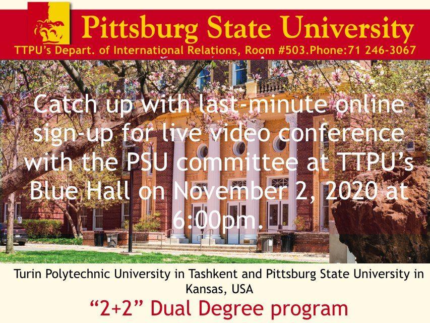 You are currently viewing AQShdagi Pitsburg Davlat Universiteti Qabul Komissiyasi bilan “2+2” va “1+1” dasturlari haqida videokonferentsiya bo’lib o’tadi!