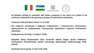 Подробнее о статье В Туринском Политехническом Университете в г. Ташкенте откроется Всеобщая конфедерация итальянской промышленности в Узбекистане (Confindustria Uzbekistan)!