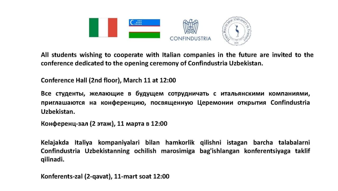 You are currently viewing The General Confederation of Italian Industry in Uzbekistan (Confindustria Uzbekistan) is to be open at Turin Polytechnic University in Tashkent!