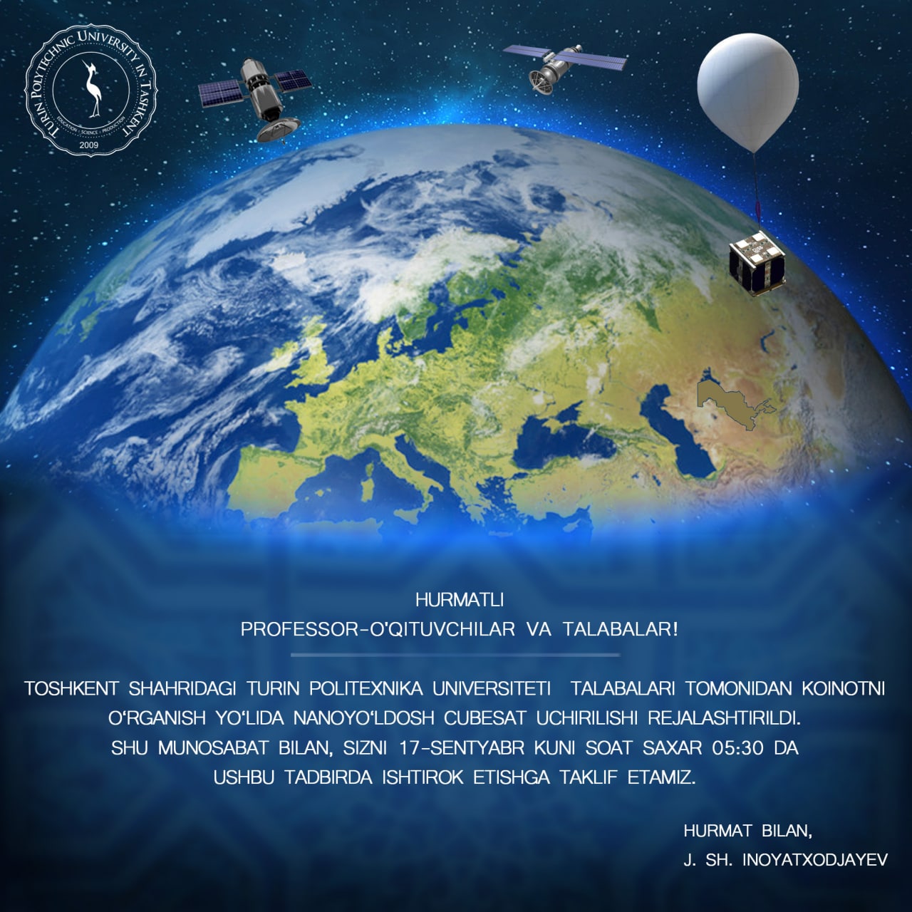 You are currently viewing O‘zbekistonda ilk bor Toshkent shahridagi Turin Politexnika universiteti talabalari tomonidan ishlab chiqarilgan CubeSat (nano sun’iy yo‘ldosh) kosmosga uchiriladi.